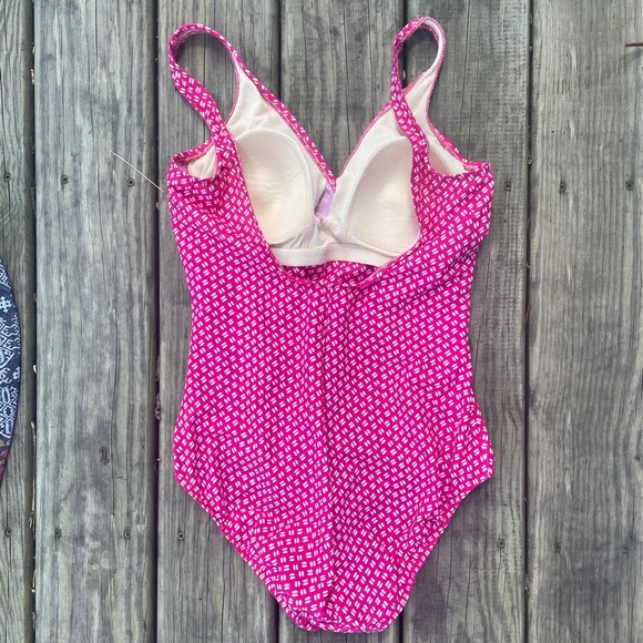 Pink and white one piece swimsuit with scoop and ruched sides - Picture 5 of 5